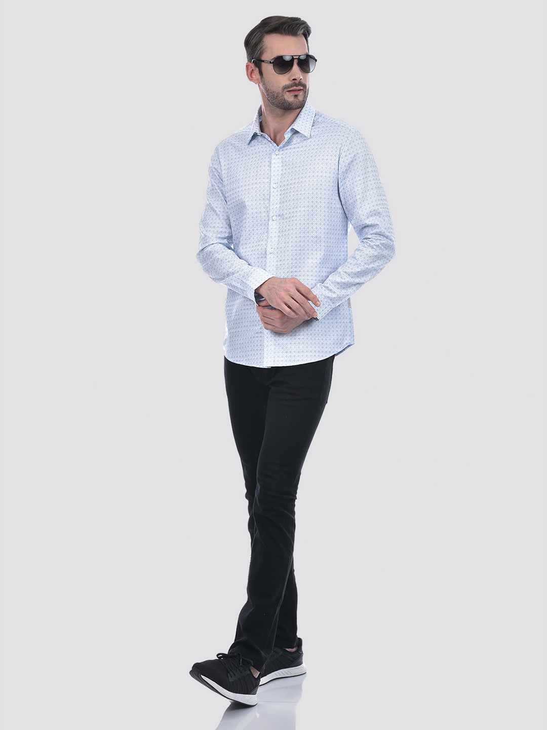 Numero Uno Men Geometric Print Sky Blue Shirt